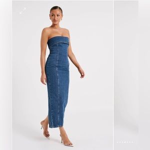 Strapless Denim Midi Dress - Dark Blue